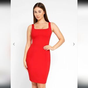 Popilush Shapewear Sleeveless Square Neck Sculpting Midi Work Dress M Medium Red